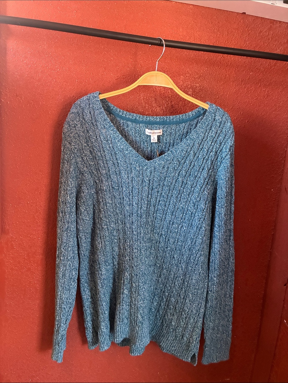 100% Cotton Knit Blue Teal Cable V-Neck Sweater